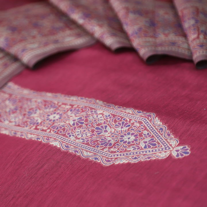 Khavaat Magenta Pink Thread with Authentic Jamdani Weaved Hem Chanderi Set