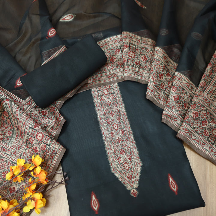 Khavaat Ebony Black Thread with Authentic Jamdani Weaved Hem Chanderi Set