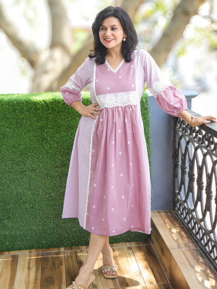 Julia Helio Lilac Floral Lace Cotton Dress