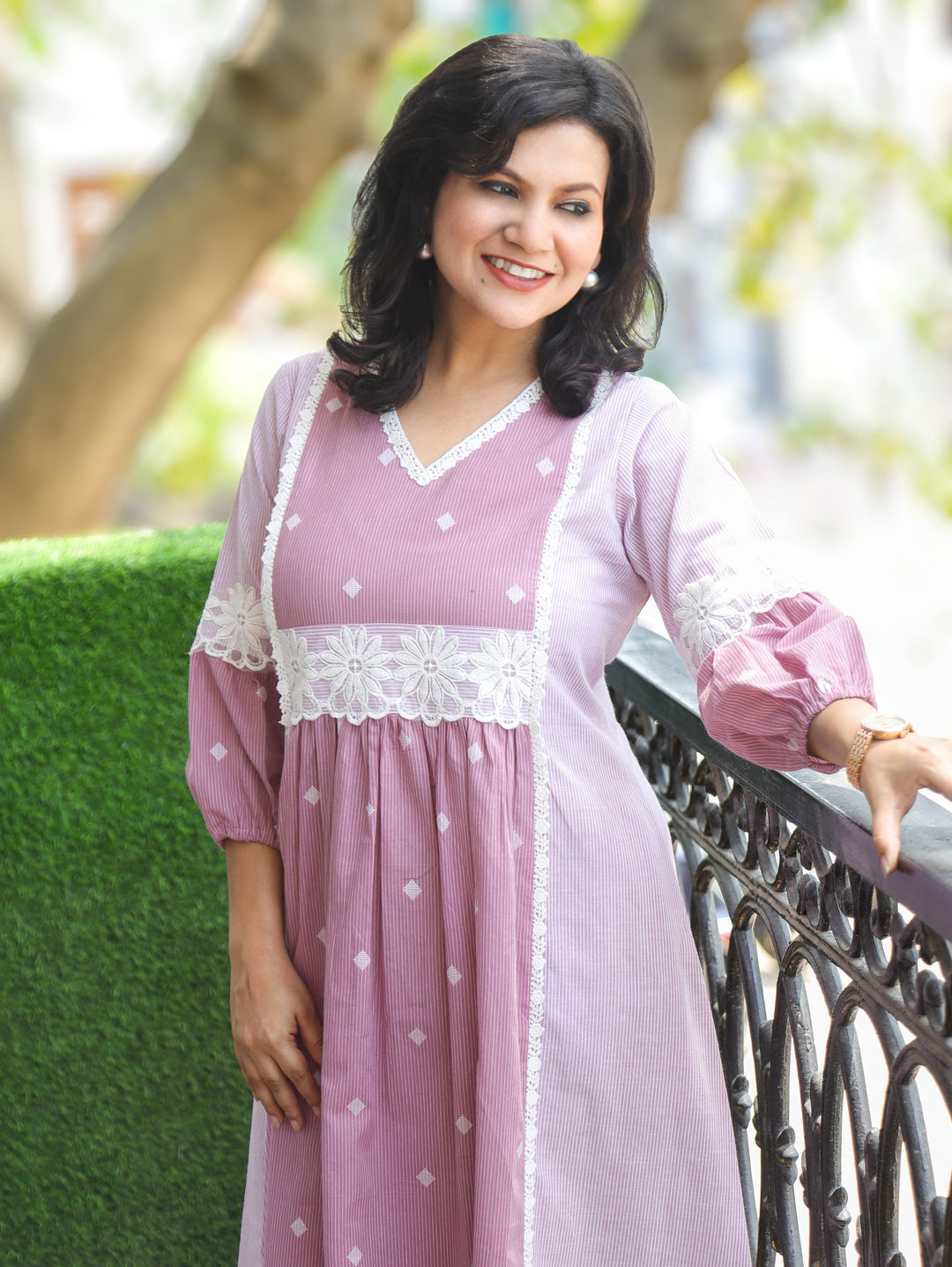 Julia Helio Lilac Floral Lace Cotton Dress