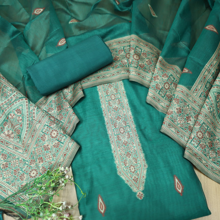 Khavaat Emerlad Green Thread with Authentic Jamdani Weaved Hem Chanderi Set
