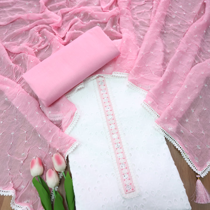 Raina Pearl White with Moti Work Patch in All Over Schiffli Work Cotton Suit Set