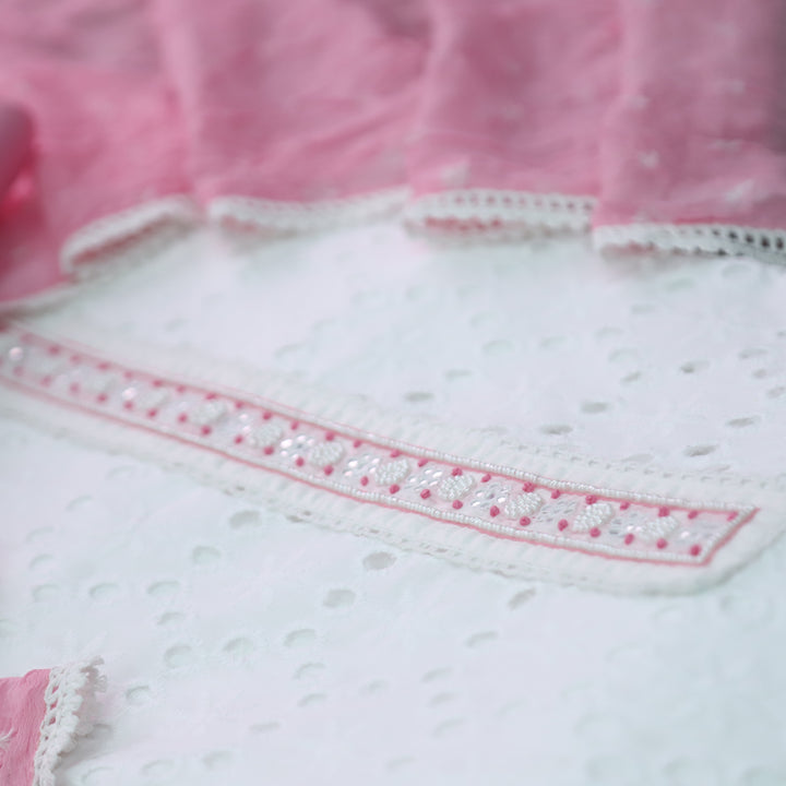 Raina Pearl White with Moti Work Patch in All Over Schiffli Work Cotton Suit Set