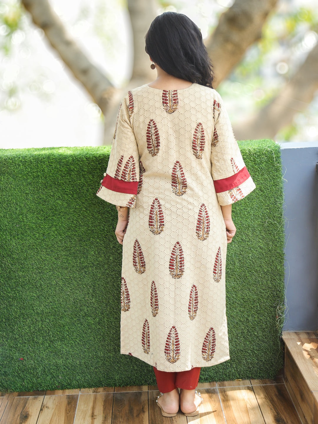 Paro Beige Block Print Cotton Schiffli Kurti