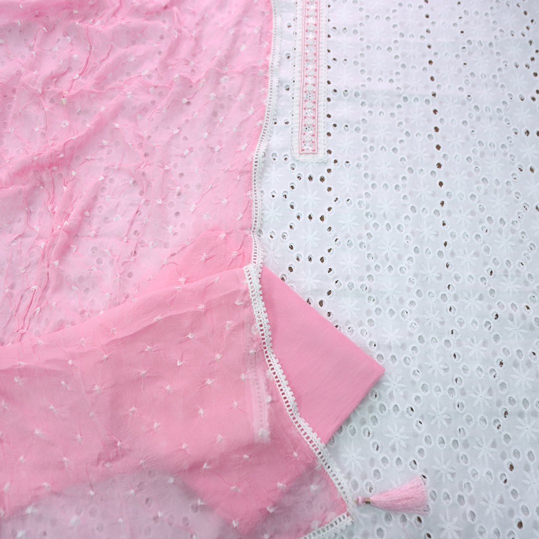 Raina Pearl White with Moti Work Patch in All Over Schiffli Work Cotton Suit Set