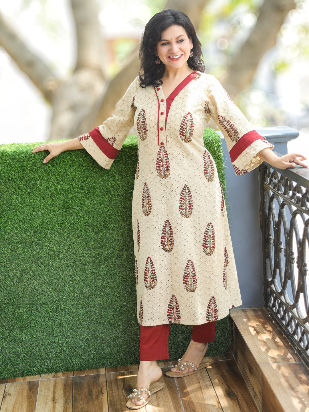 Paro Beige Block Print Cotton Schiffli Kurti