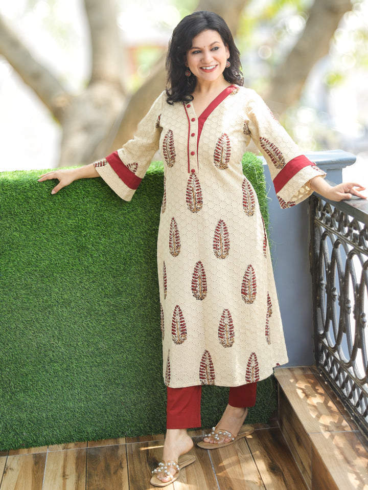 Paro Beige Block Print Cotton Schiffli Kurti