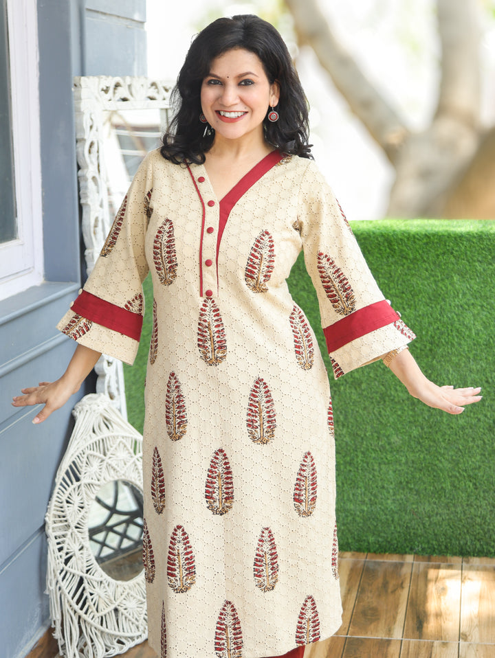 Paro Beige Block Print Cotton Schiffli Kurti