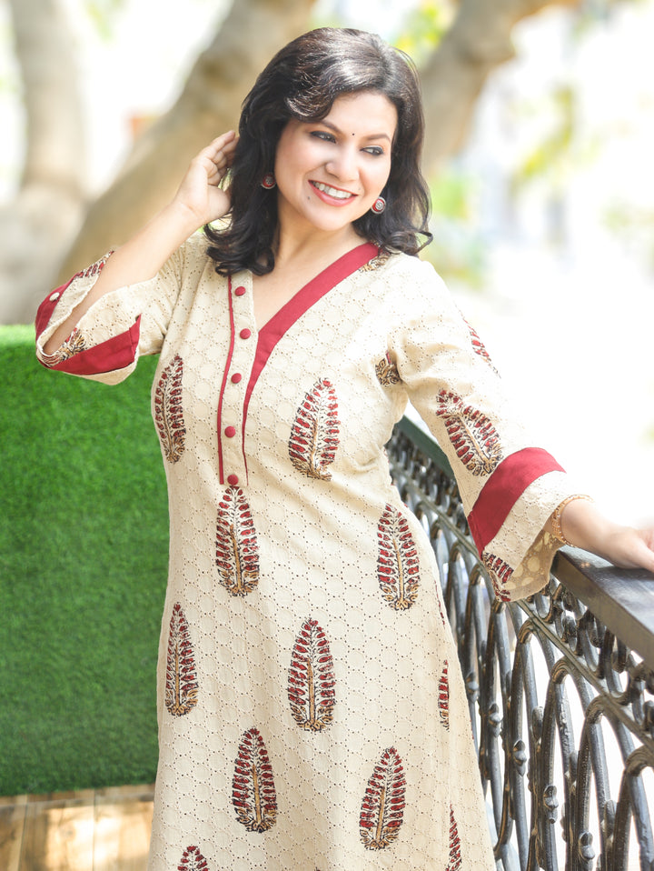 Paro Beige Block Print Cotton Schiffli Kurti