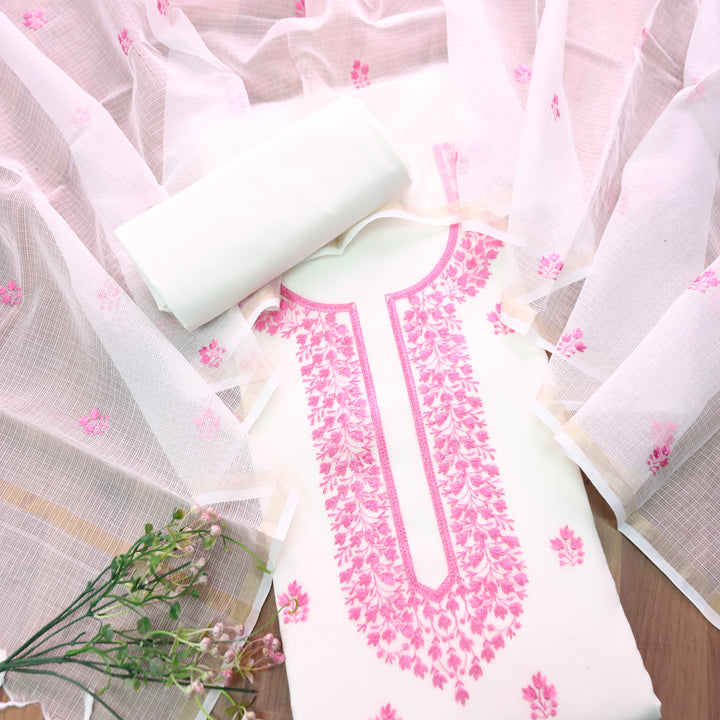 Udarri Pearl White with Pink Thread Embriodered Work Kota Doriya Suit Set