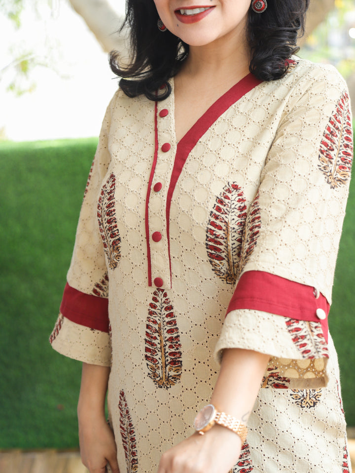 Paro Beige Block Print Cotton Schiffli Kurti