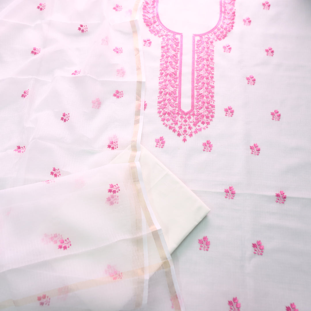 Udarri Pearl White with Pink Thread Embriodered Work Kota Doriya Suit Set