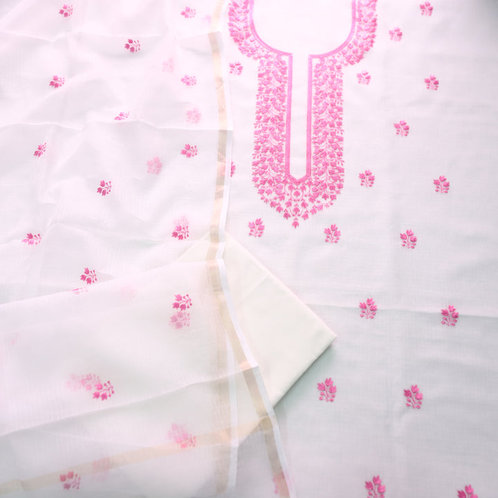 Udarri Pearl White with Pink Thread Embriodered Work Kota Doriya Suit Set