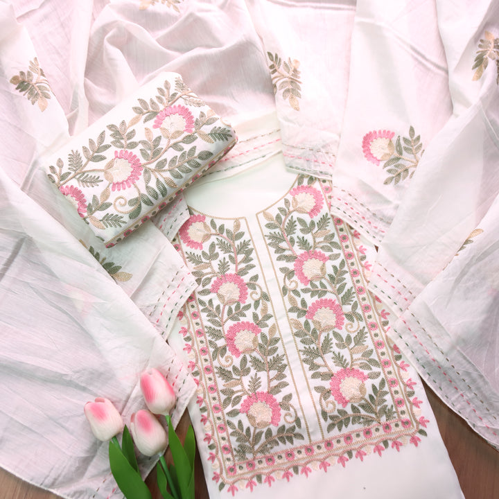 Adaakari Pearl White with Floral Aari Embroidered Neck Yoke Jam Cotton Set