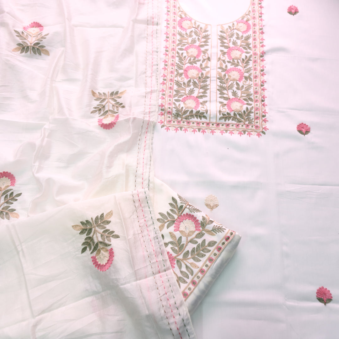 Adaakari Pearl White with Floral Aari Embroidered Neck Yoke Jam Cotton Set