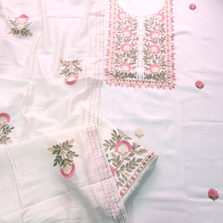 Adaakari Pearl White with Floral Aari Embroidered Neck Yoke Jam Cotton Set