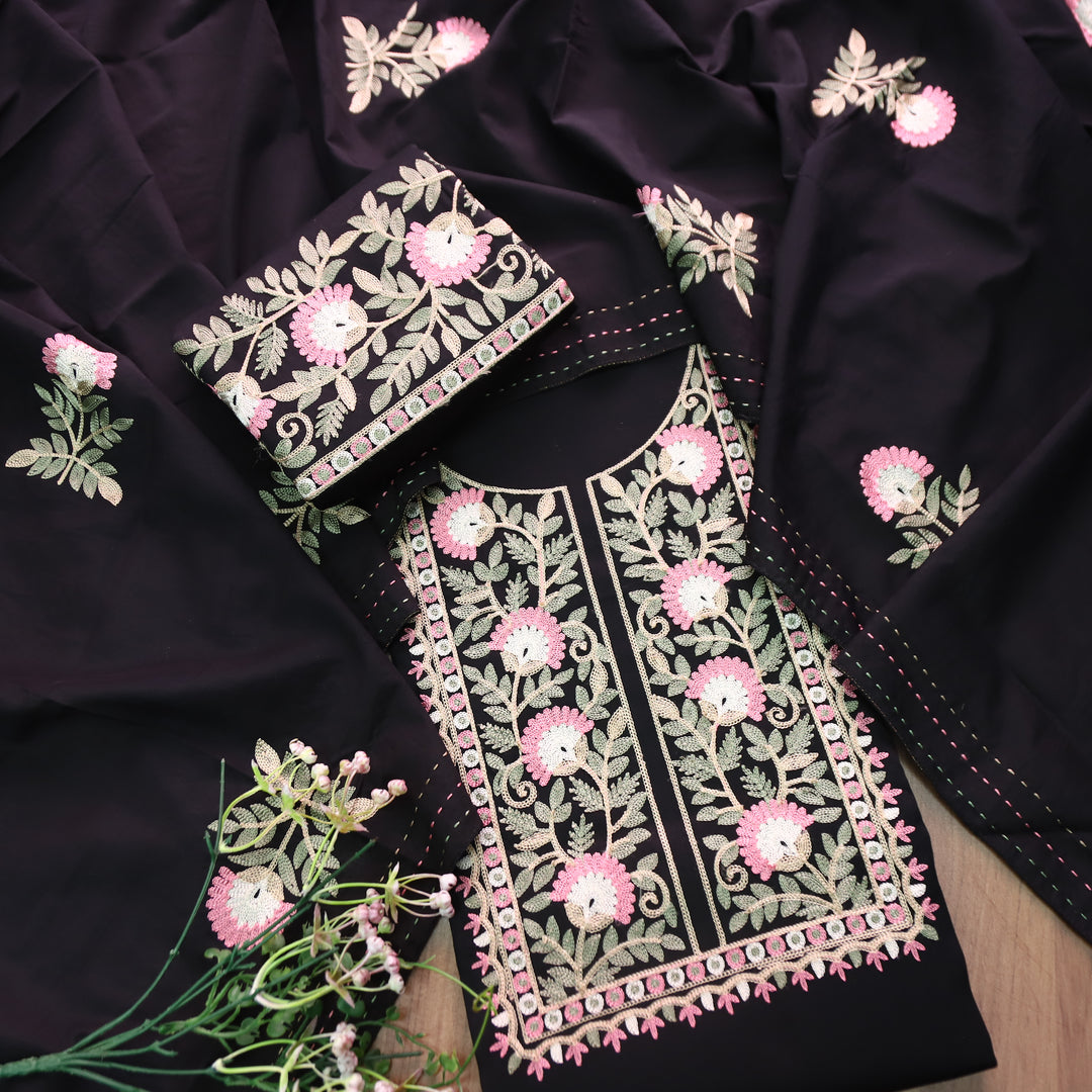 Adaakari Ebony Black with Floral Aari Embroidered Neck Yoke Jam Cotton Set