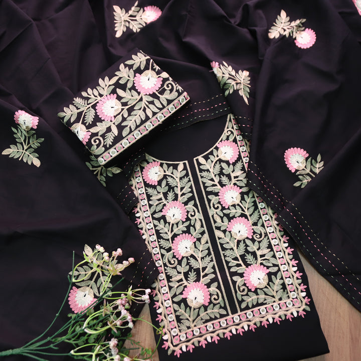 Adaakari Ebony Black with Floral Aari Embroidered Neck Yoke Jam Cotton Set