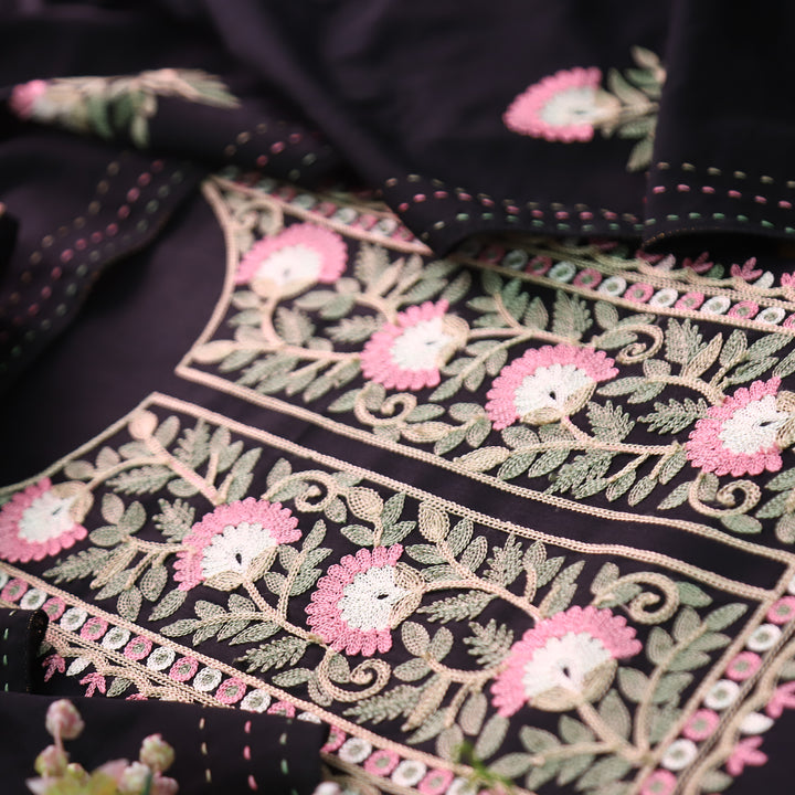 Adaakari Ebony Black with Floral Aari Embroidered Neck Yoke Jam Cotton Set