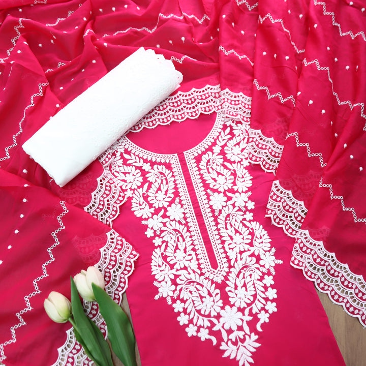 Apurva Rani Pink Chikankari inspired Thread Neck Work Cotton Suit Set