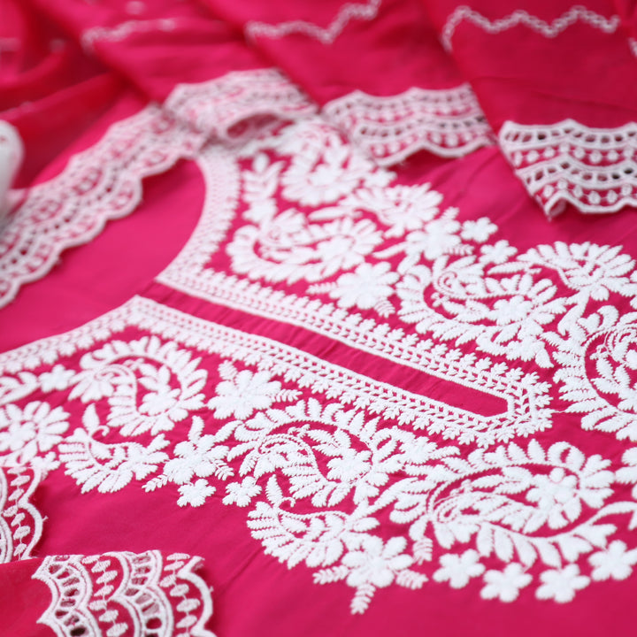 Apurva Rani Pink Chikankari inspired Thread Neck Work Cotton Suit Set