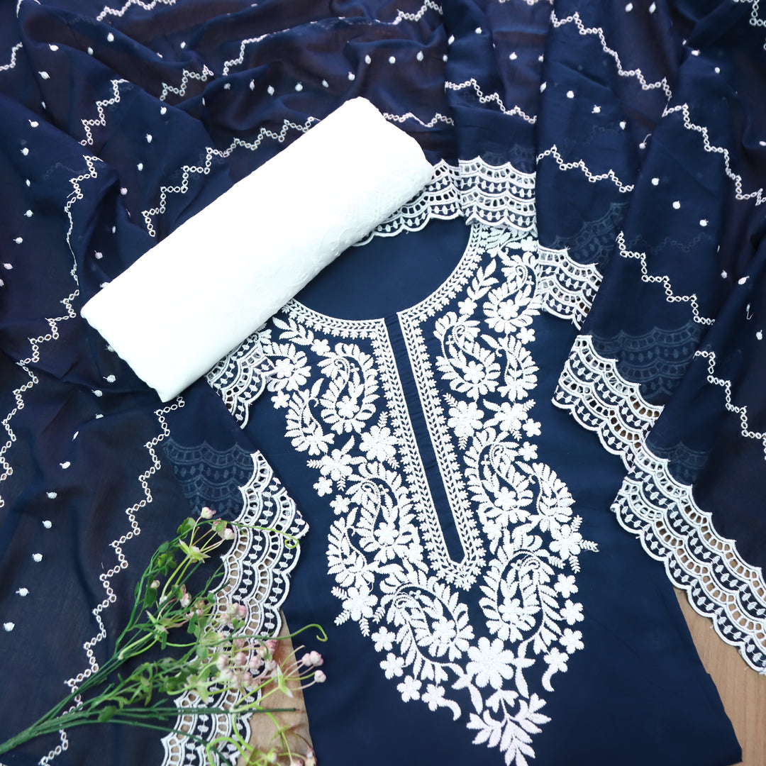 Apurva Royal Navy Blue Chikankari inspired Thread Neck Work Cotton Suit Set