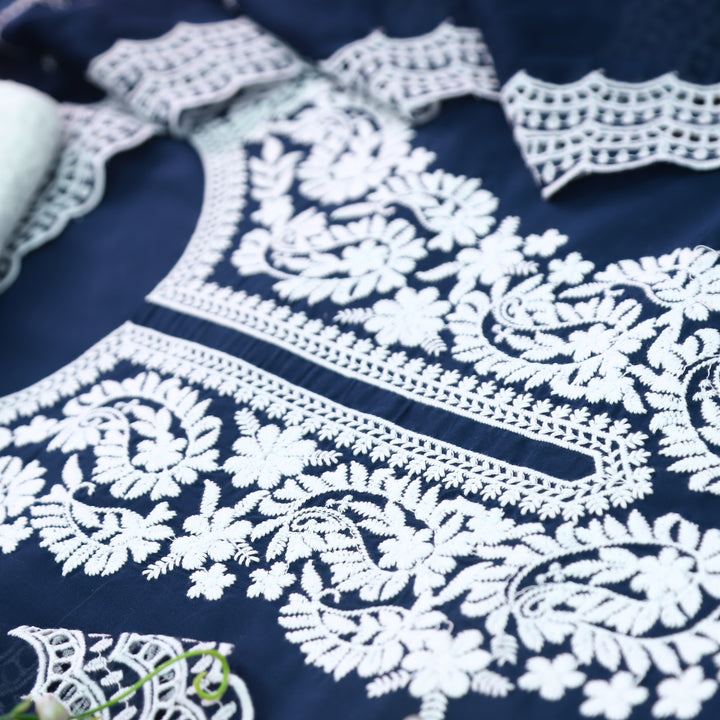 Apurva Royal Navy Blue Chikankari inspired Thread Neck Work Cotton Suit Set