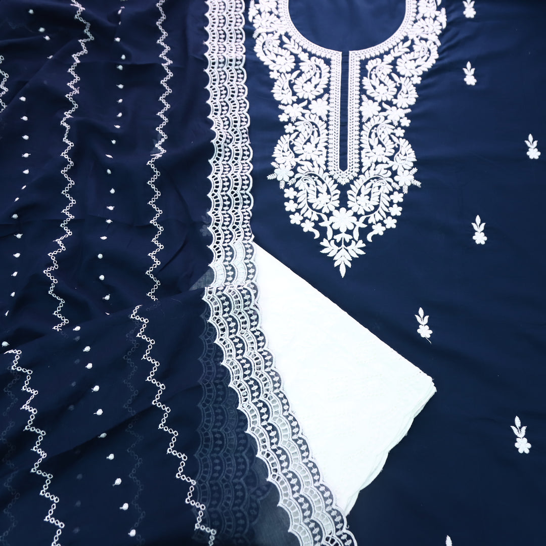 Apurva Royal Navy Blue Chikankari inspired Thread Neck Work Cotton Suit Set