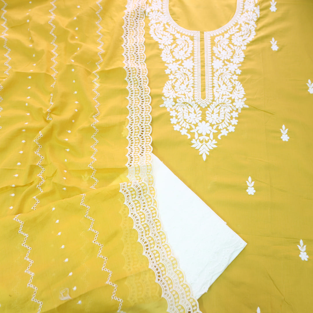 Apurva Custard Yellow Chikankari inspired Thread Neck Work Cotton Suit Set