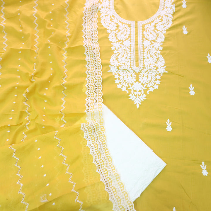 Apurva Custard Yellow Chikankari inspired Thread Neck Work Cotton Suit Set
