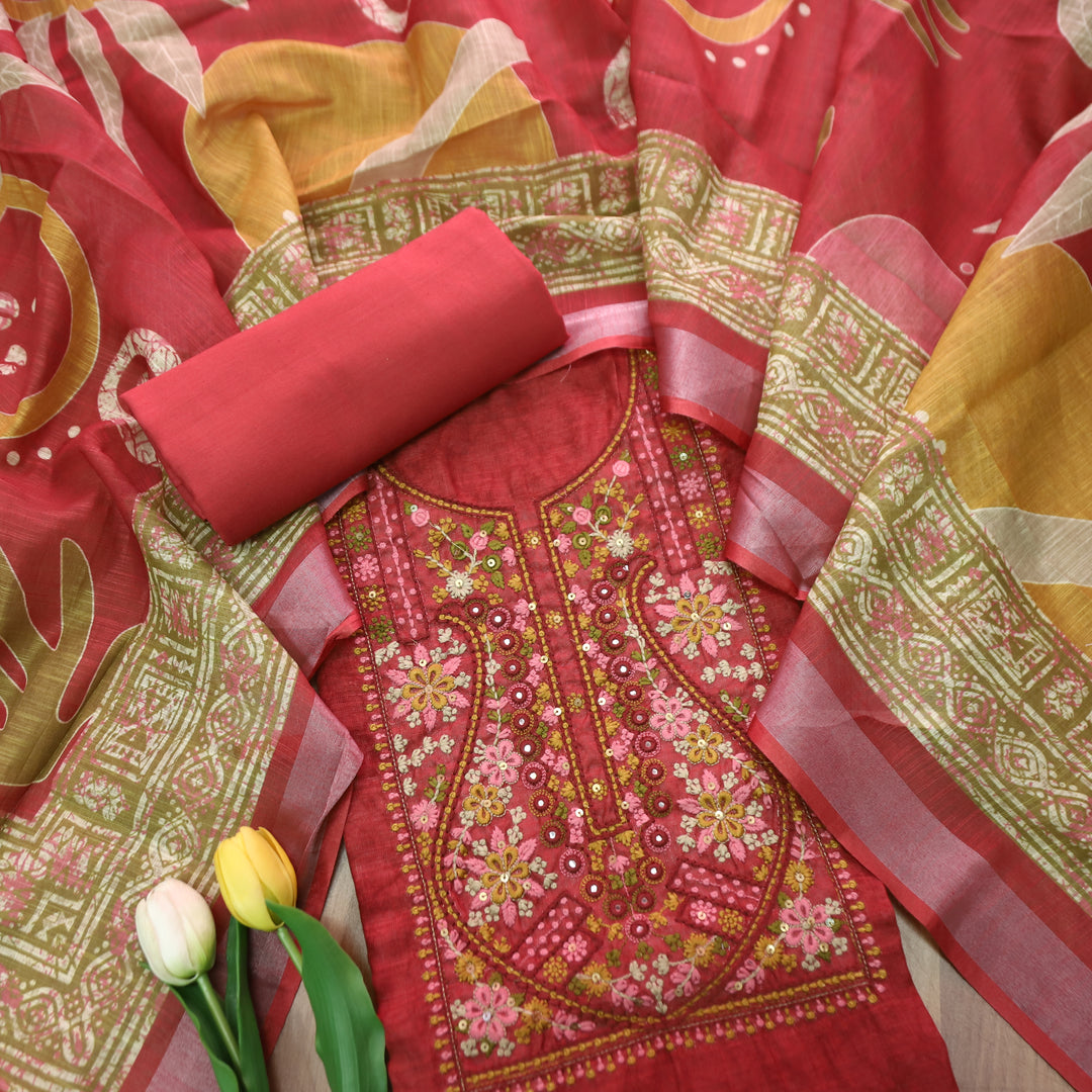 Fanaa Cranberry Red Thread Embroidered with Patra Self Printed Cotton Linen Set