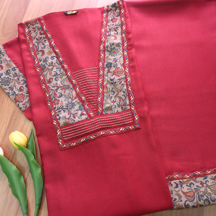 निहारिका Berry Red Floral Print Yoke with Embroidered Work Semi Pashmina 2 Piece Set