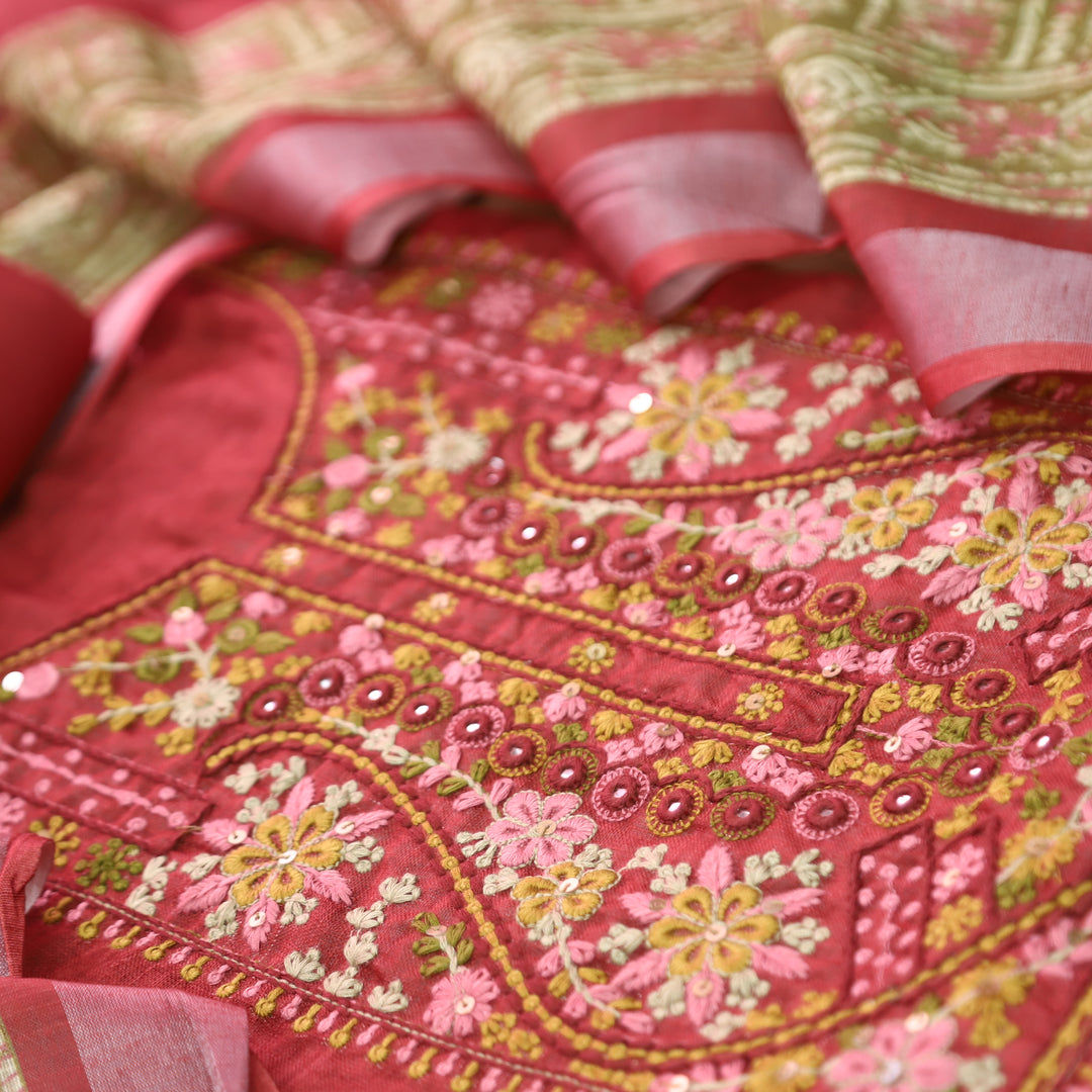Fanaa Cranberry Red Thread Embroidered with Patra Self Printed Cotton Linen Set