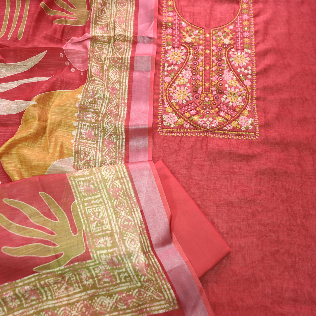 Fanaa Cranberry Red Thread Embroidered with Patra Self Printed Cotton Linen Set