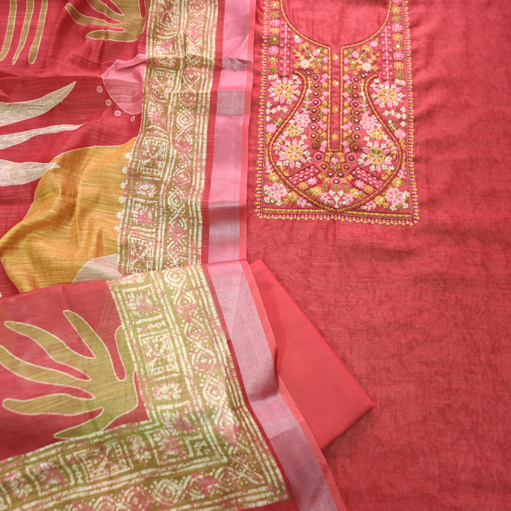 Fanaa Cranberry Red Thread Embroidered with Patra Self Printed Cotton Linen Set