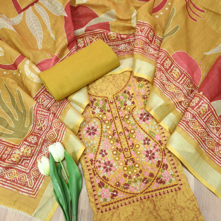 Fanaa Mustard Yellow Thread Embroidered with Patra Self Printed Cotton Linen Set