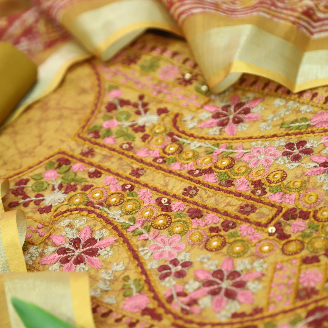 Fanaa Mustard Yellow Thread Embroidered with Patra Self Printed Cotton Linen Set