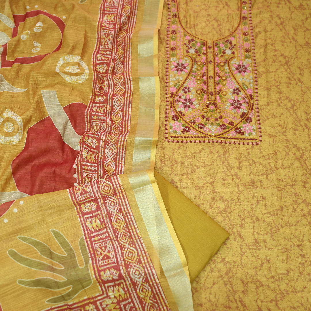 Fanaa Mustard Yellow Thread Embroidered with Patra Self Printed Cotton Linen Set