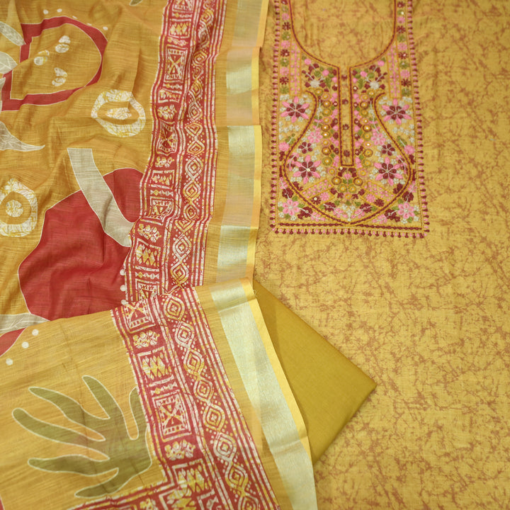 Fanaa Mustard Yellow Thread Embroidered with Patra Self Printed Cotton Linen Set