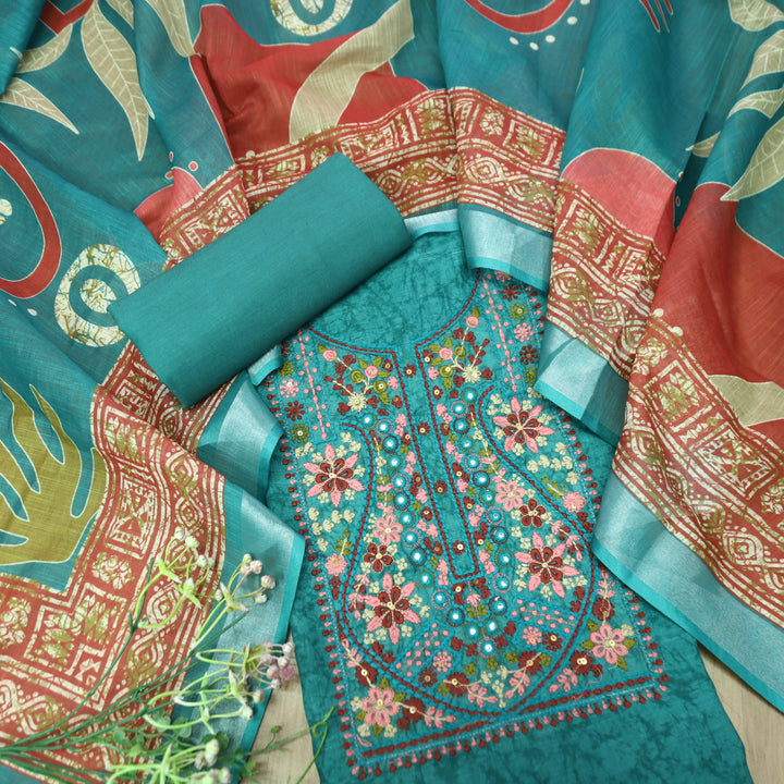 Fanaa Juniper Teal Thread Embroidered with Patra Self Printed Cotton Linen Set