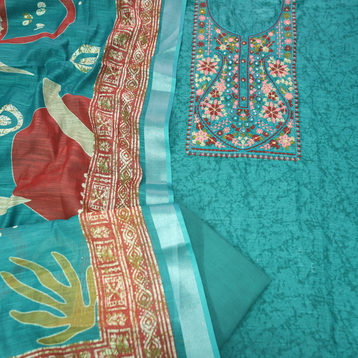 Fanaa Juniper Teal Thread Embroidered with Patra Self Printed Cotton Linen Set
