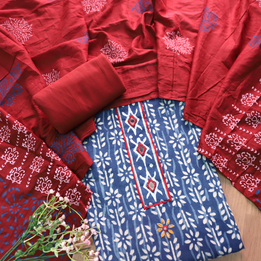 Hazurii Indigo Blue Kutch Mirror Patch Work Dabu Printed Cotton Suit Set D3