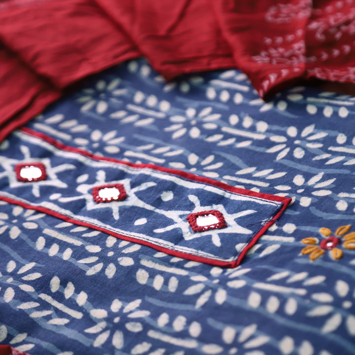 Hazurii Indigo Blue Kutch Mirror Patch Work Dabu Printed Cotton Suit Set D3