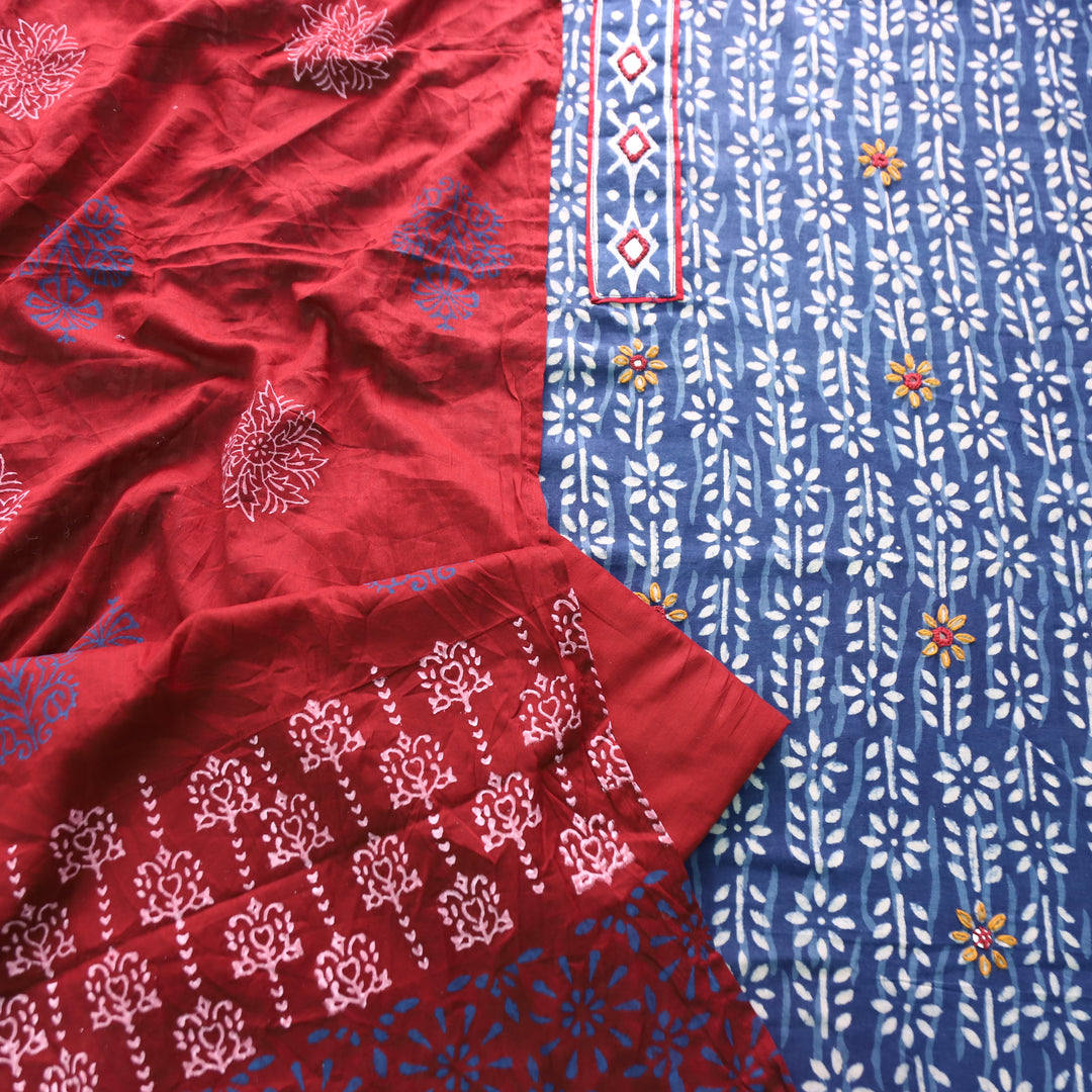 Hazurii Indigo Blue Kutch Mirror Patch Work Dabu Printed Cotton Suit Set D3