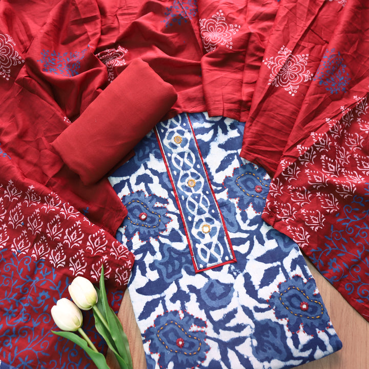 Hazurii Indigo Blue Kutch Mirror Patch Work Dabu Printed Cotton Suit Set D2