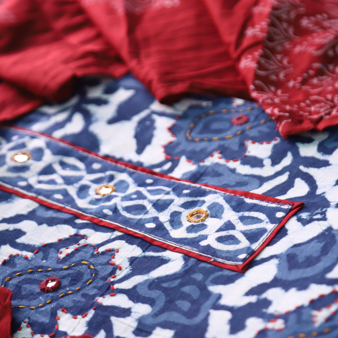 Hazurii Indigo Blue Kutch Mirror Patch Work Dabu Printed Cotton Suit Set D2