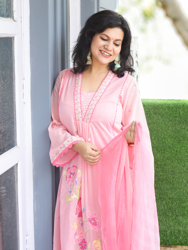 Millie Bubblegum Pink Anarkali Cotton 3 Piece Set