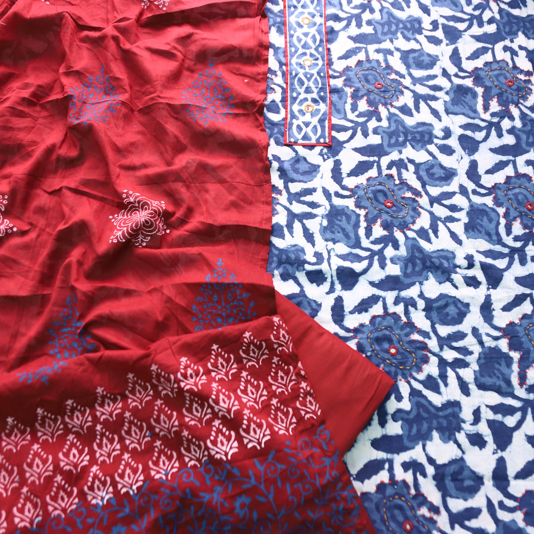 Hazurii Indigo Blue Kutch Mirror Patch Work Dabu Printed Cotton Suit Set D2