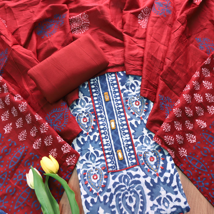 Hazurii Indigo Blue Kutch Mirror Patch Work Dabu Printed Cotton Suit Set D1