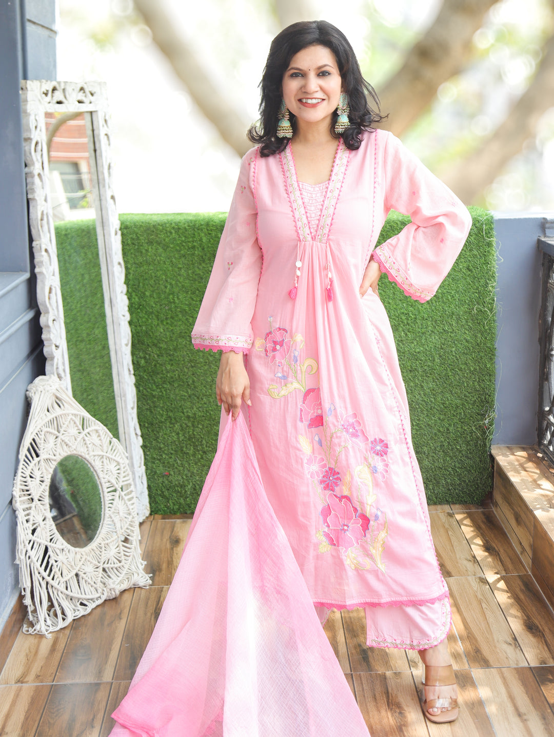Millie Bubblegum Pink Anarkali Cotton 3 Piece Set